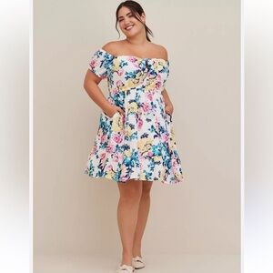 torrid White Floral Off-Shoulder A-Line Dress with Pink Yellow Blue Flowers